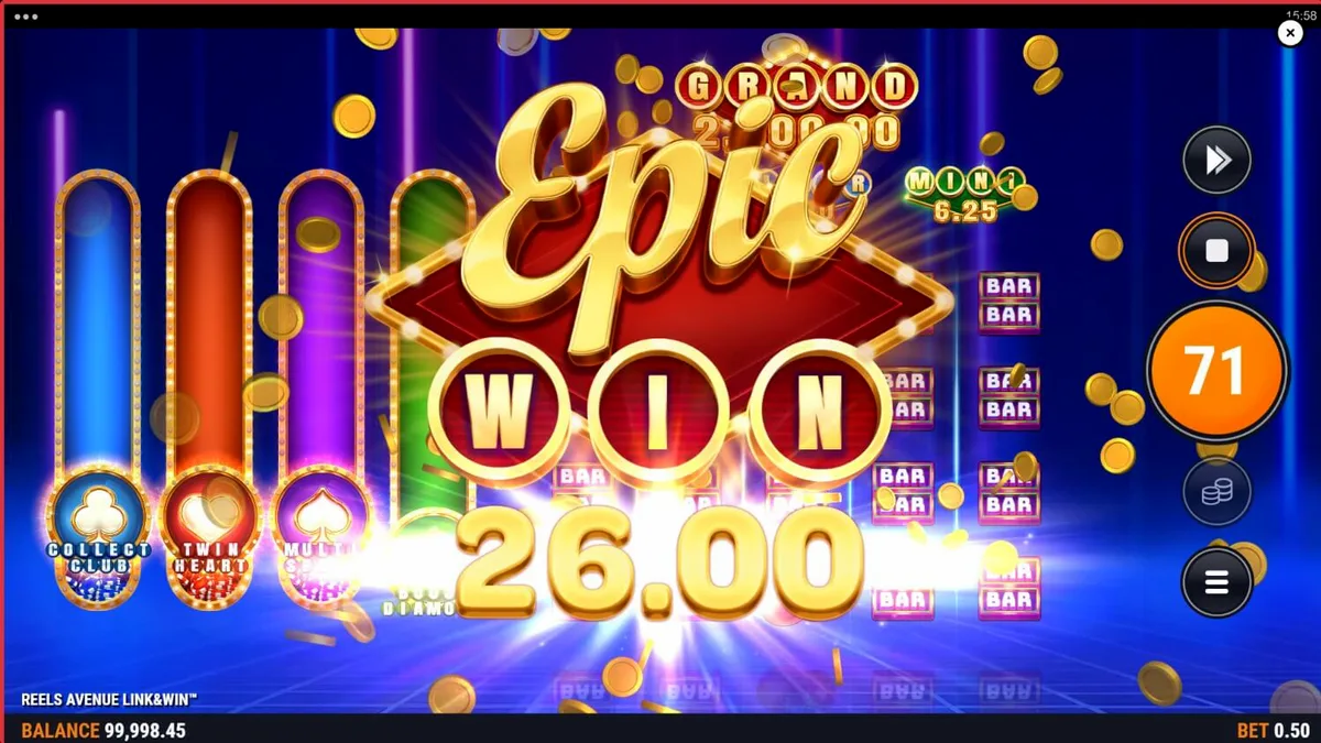 Reels Avenue Link&Win slot game interface with neon futuristic design